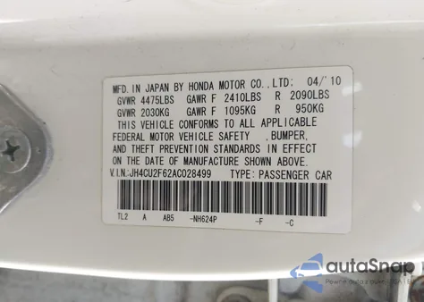 2010 Acura Tsx from USA, damaged, VIN JH4CU2F62AC028499